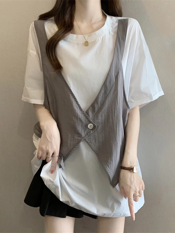 Summer New plus Size Women's Shirt Short Sleeve Regular Fit round Neck Commute Style Faux Two-Piece Uneven Vest Mid-Length Top
Summer New plus Size Women's Shirt Short Sleeve Regular Fit round Neck Commute Style Faux Two-Piece Uneven Vest Mid-Length Top