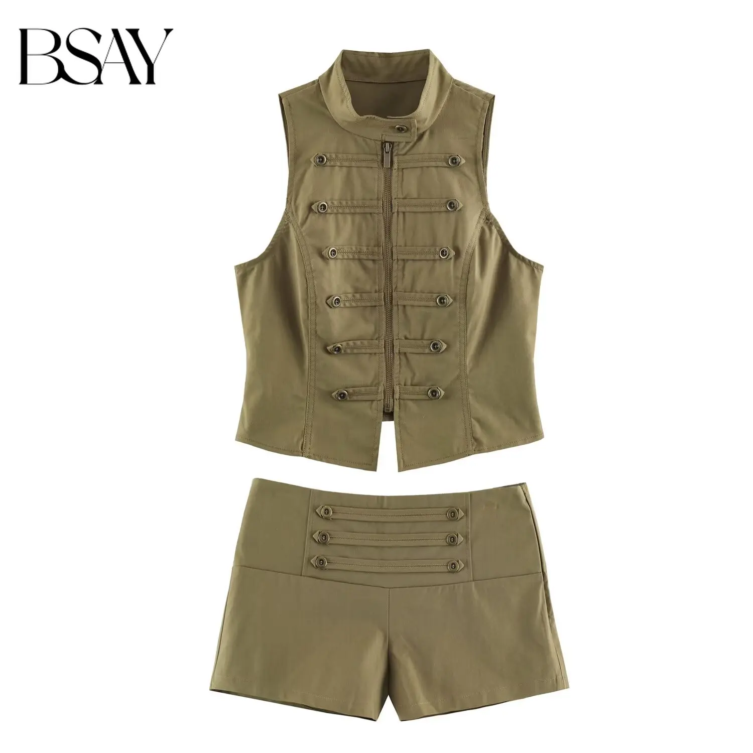 BSAY 2026 Summer New Outdoor Military Style Two-Piece Outfit Women's Zip Button Detail Sleeveless Crop Vest + Mini Shorts Set
BSAY 2026 Summer New Outdoor Military Style Two-Piece Outfit Women's Zip Button Detail Sleeveless Crop Vest + Mini Shorts Set