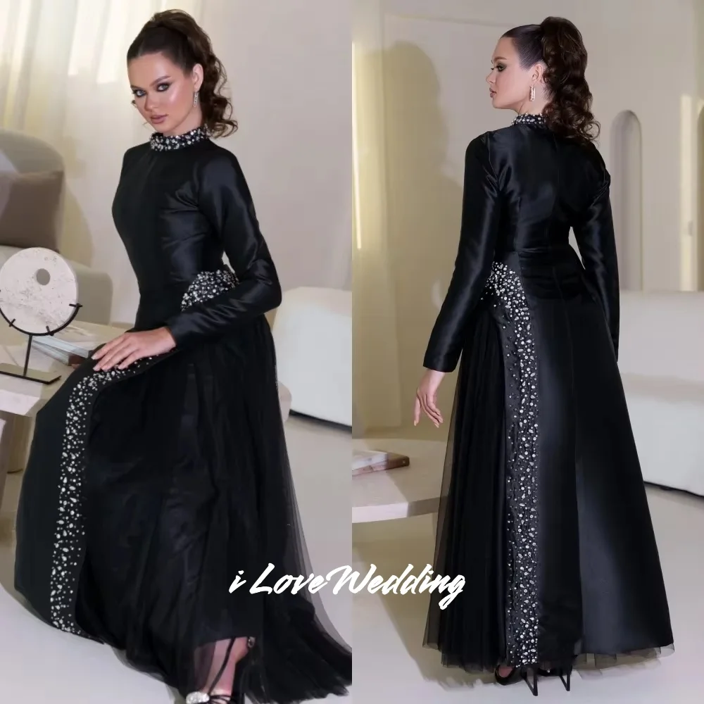 Black High Collar A-Line Satin Tulle Long Sleeve Beaded Evening Dresses Bespoke Occasion Dresses Saudi Arabia Pleated Customized
Black High Collar A-Line Satin Tulle Long Sleeve Beaded Evening Dresses Bespoke Occasion Dresses Saudi Arabia Pleated Customized