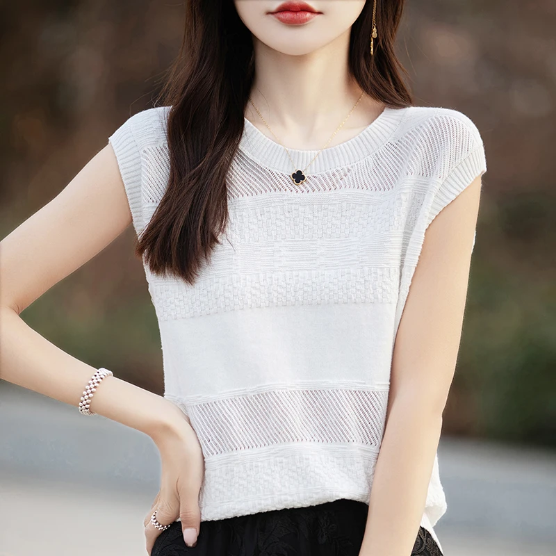 Women's T-shirt Summer 100% Cotton Sweater Sleeveless Fashion Knitted Round Neck Ladies Tops Loose Blouse Pullover Hollow Tees
Women's T-shirt Summer 100% Cotton Sweater Sleeveless Fashion Knitted Round Neck Ladies Tops Loose Blouse Pullover Hollow Tees