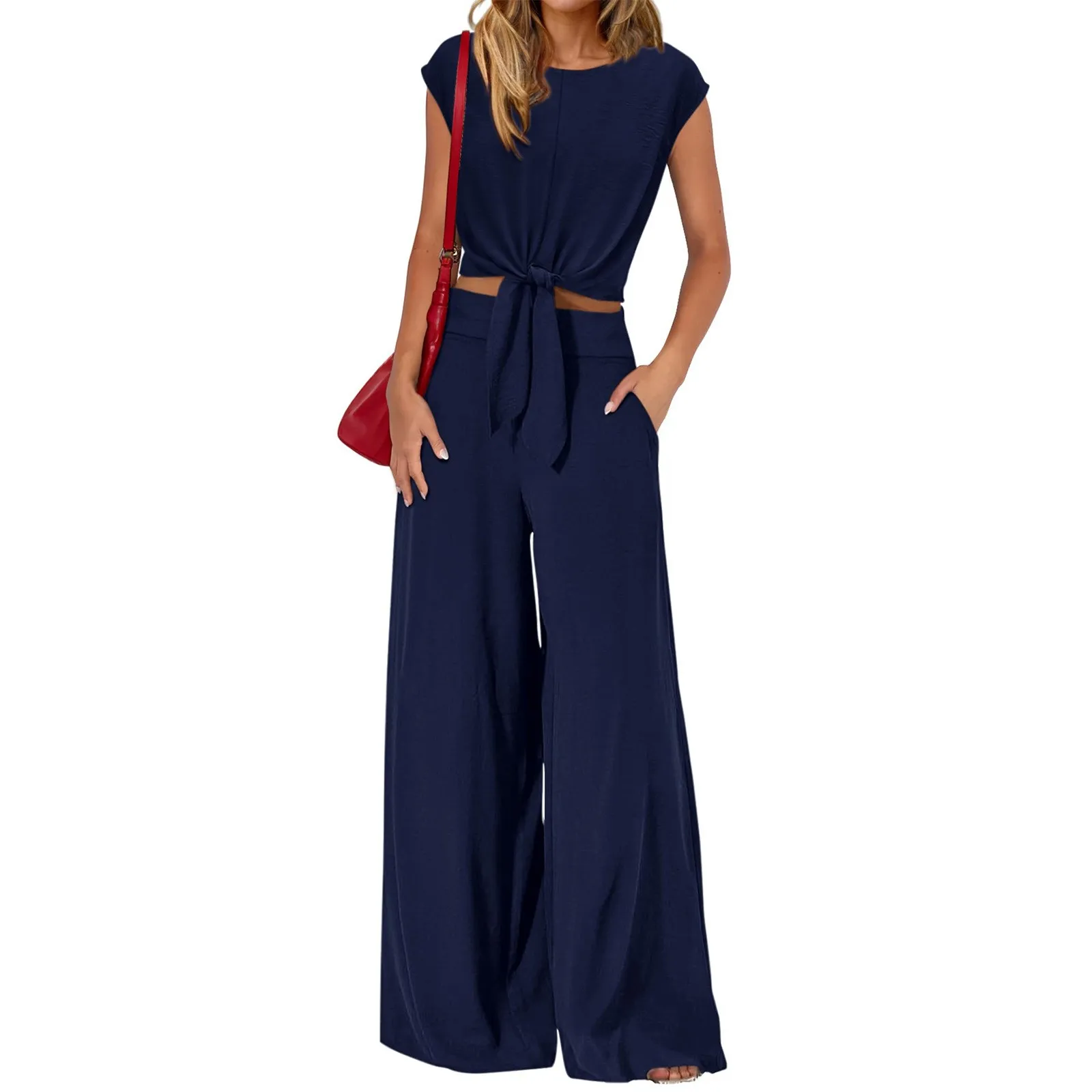 Women's 2-piece Sets Casual Pants Sleeveless Crop Top Trousers High Waist Navy Blue Wide Leg Pants Tie Front Olive Green Pants
Women's 2-piece Sets Casual Pants Sleeveless Crop Top Trousers High Waist Navy Blue Wide Leg Pants Tie Front Olive Green Pants