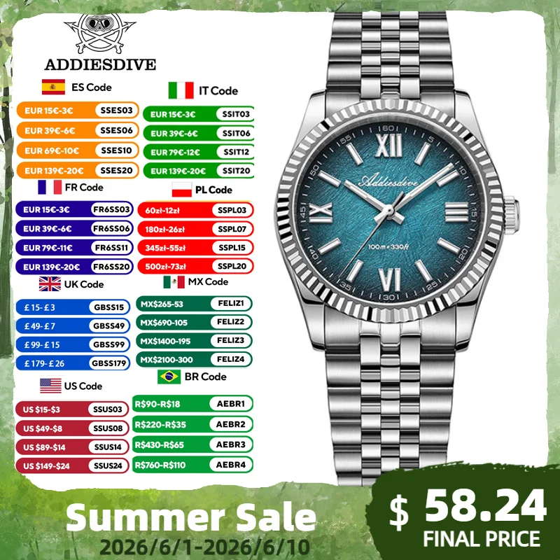 ADDIESDIVE New 36mm Watch for Men AD2512 Luxury Sapphire VH31 Quartz Wristwatch 100m Waterproof Stainless Steel Luminous Watches
ADDIESDIVE New 36mm Watch for Men AD2512 Luxury Sapphire VH31 Quartz Wristwatch 100m Waterproof Stainless Steel Luminous Watches