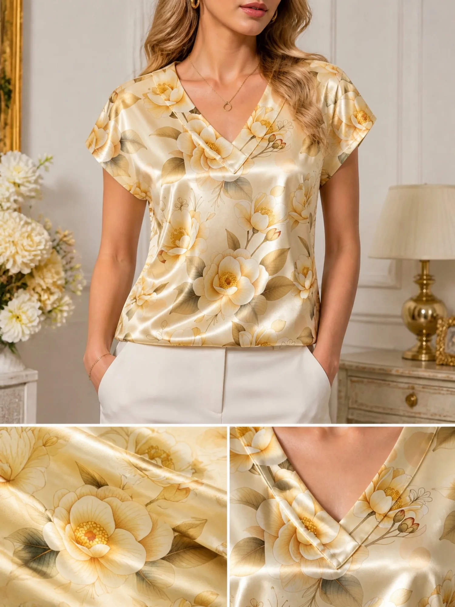 Floral Satin V Neck Top for Women Cap Sleeve Relaxed Draped Fit Silky Summer Cruise Daily Wear Lightweight Breathable Party Cafe
Floral Satin V Neck Top for Women Cap Sleeve Relaxed Draped Fit Silky Summer Cruise Daily Wear Lightweight Breathable Party Cafe