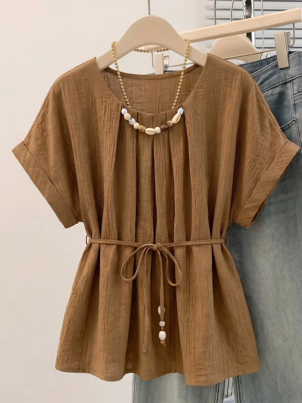 Khaki Beaded Short Sleeve Shirt Women's plus Size Mid-Length Waist-Cinching Top Korean Style Commute Fashion Loose Fit
Khaki Beaded Short Sleeve Shirt Women's plus Size Mid-Length Waist-Cinching Top Korean Style Commute Fashion Loose Fit