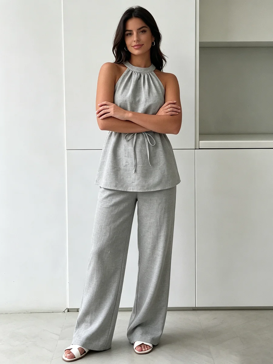 PUAL 2026 Minimalist Linen Matching Suit, Sleeveless Halter Tie Waist Top + High Waist Wide Leg Pants Women Daily Office Outfit
PUAL 2026 Minimalist Linen Matching Suit, Sleeveless Halter Tie Waist Top + High Waist Wide Leg Pants Women Daily Office Outfit