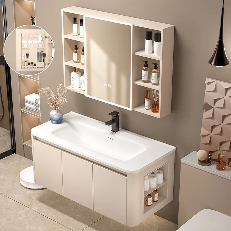 Bathroom vanity with side cabinet, integrated ceramic washbasin and sink
Bathroom vanity with side cabinet, integrated ceramic washbasin and sink