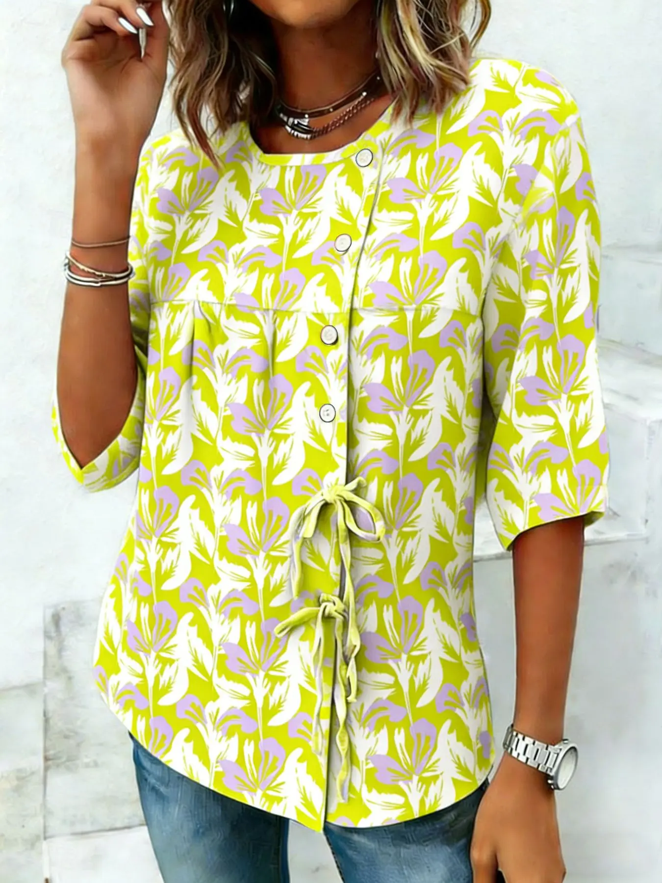 Women's Lime Green Floral Print Drawstring Button Up Blouse, Casual Round Neck Tops for Spring Summer Daily Vacation Wear
Women's Lime Green Floral Print Drawstring Button Up Blouse, Casual Round Neck Tops for Spring Summer Daily Vacation Wear