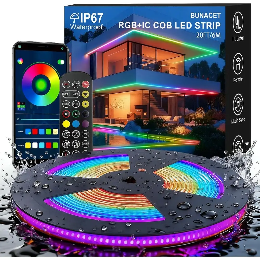 20T COB RGB+IC LED Strip Lights, IP67 Outdoor 24V RGB LED Lights or Bedroom with R Remote Smart App Control Music Sync Color Cha
20T COB RGB+IC LED Strip Lights, IP67 Outdoor 24V RGB LED Lights or Bedroom with R Remote Smart App Control Music Sync Color Cha
