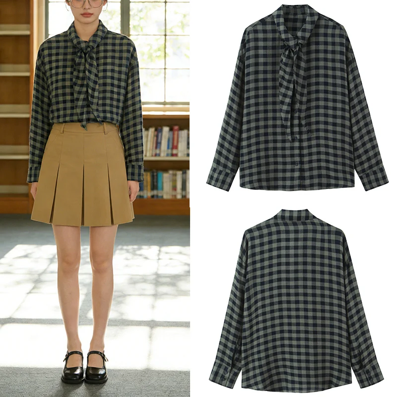 Женская рубашка оливкового цвета в клетку с воротником-шарфом, свободная блузка с длинным рукавом, подходит для повседневного офисного стиля.
Женская рубашка оливкового цвета в клетку с воротником-шарфом, свободная блузка с длинным рукавом, подходит для повседневного офисного стиля.