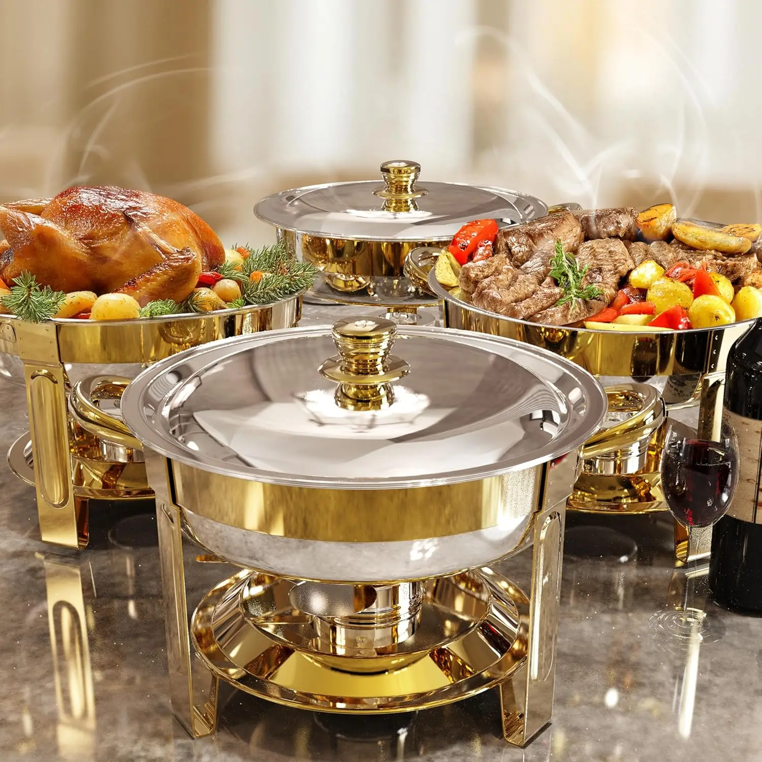 4 Pack 6QT Stainless Steel Chafing Dishes for Buffet, 30-Second Lid Assembly, Gold
4 Pack 6QT Stainless Steel Chafing Dishes for Buffet, 30-Second Lid Assembly, Gold