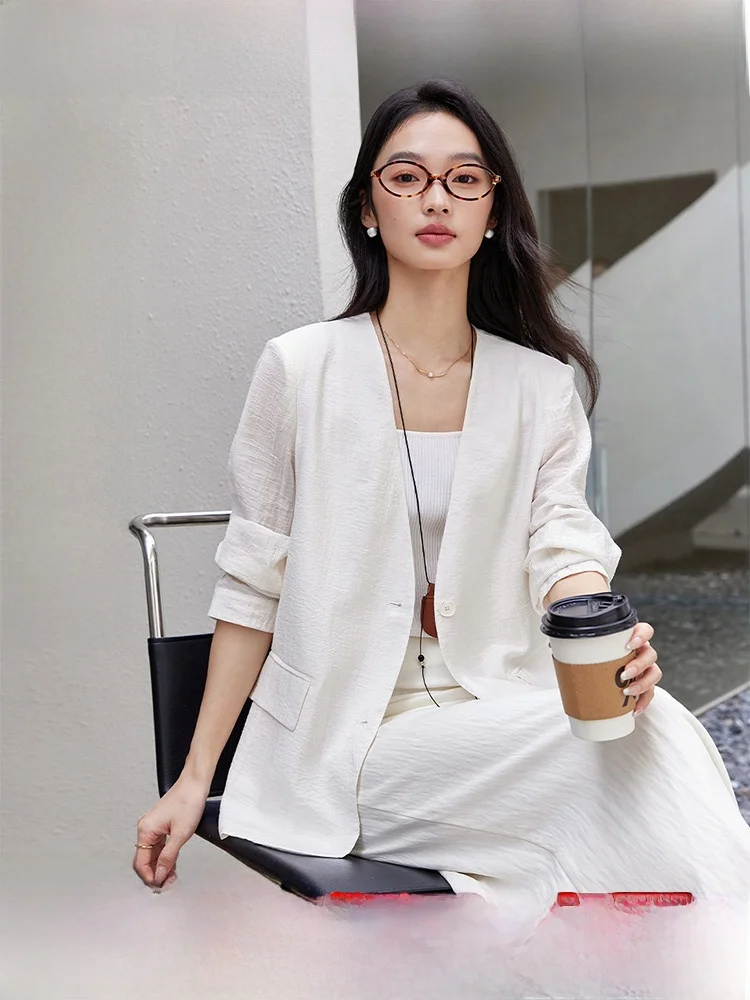 Ele White V-Ne Suit Jaet Women's Loose Slimming Outerwear Spring Autumn New Sle Button up Long Sve Color
Ele White V-Ne Suit Jaet Women's Loose Slimming Outerwear Spring Autumn New Sle Button up Long Sve Color