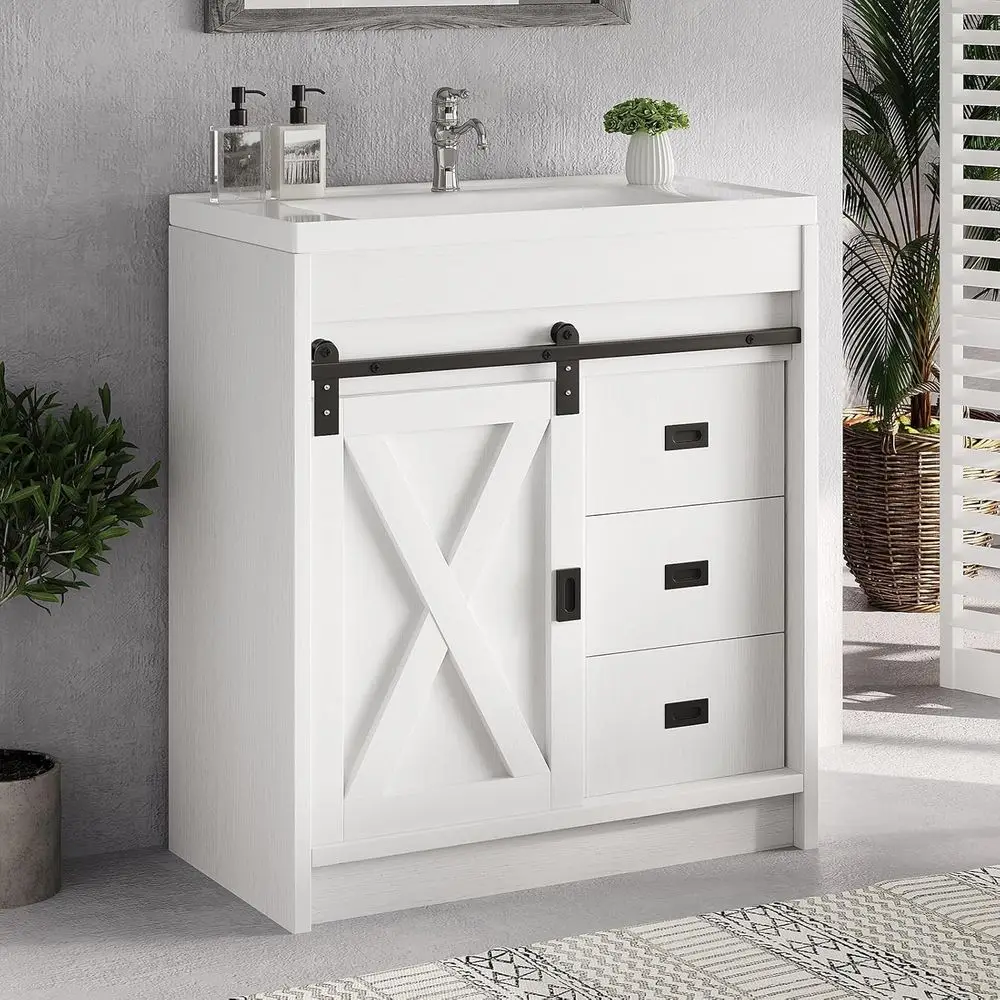 30 White Bathroom Vanity with Sink, Small Cabinet featuring 2 Drawers and Sliding Barn Door
30 White Bathroom Vanity with Sink, Small Cabinet featuring 2 Drawers and Sliding Barn Door