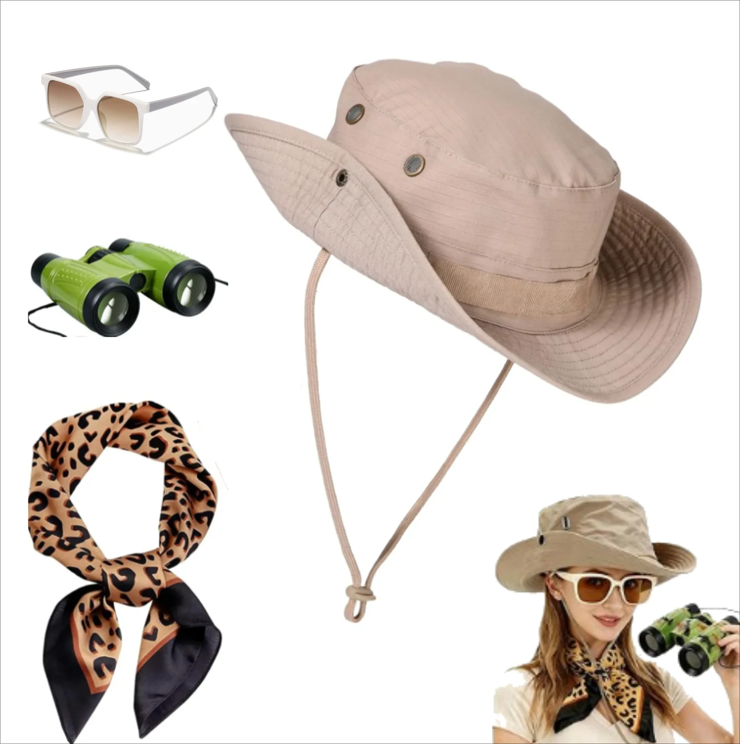 4PCS/SET Safari Costume Outfit for Women Sun Bucket Hat Leopard Scarf Binoculars Safari Accessories Set for Halloween Cosplay
4PCS/SET Safari Costume Outfit for Women Sun Bucket Hat Leopard Scarf Binoculars Safari Accessories Set for Halloween Cosplay