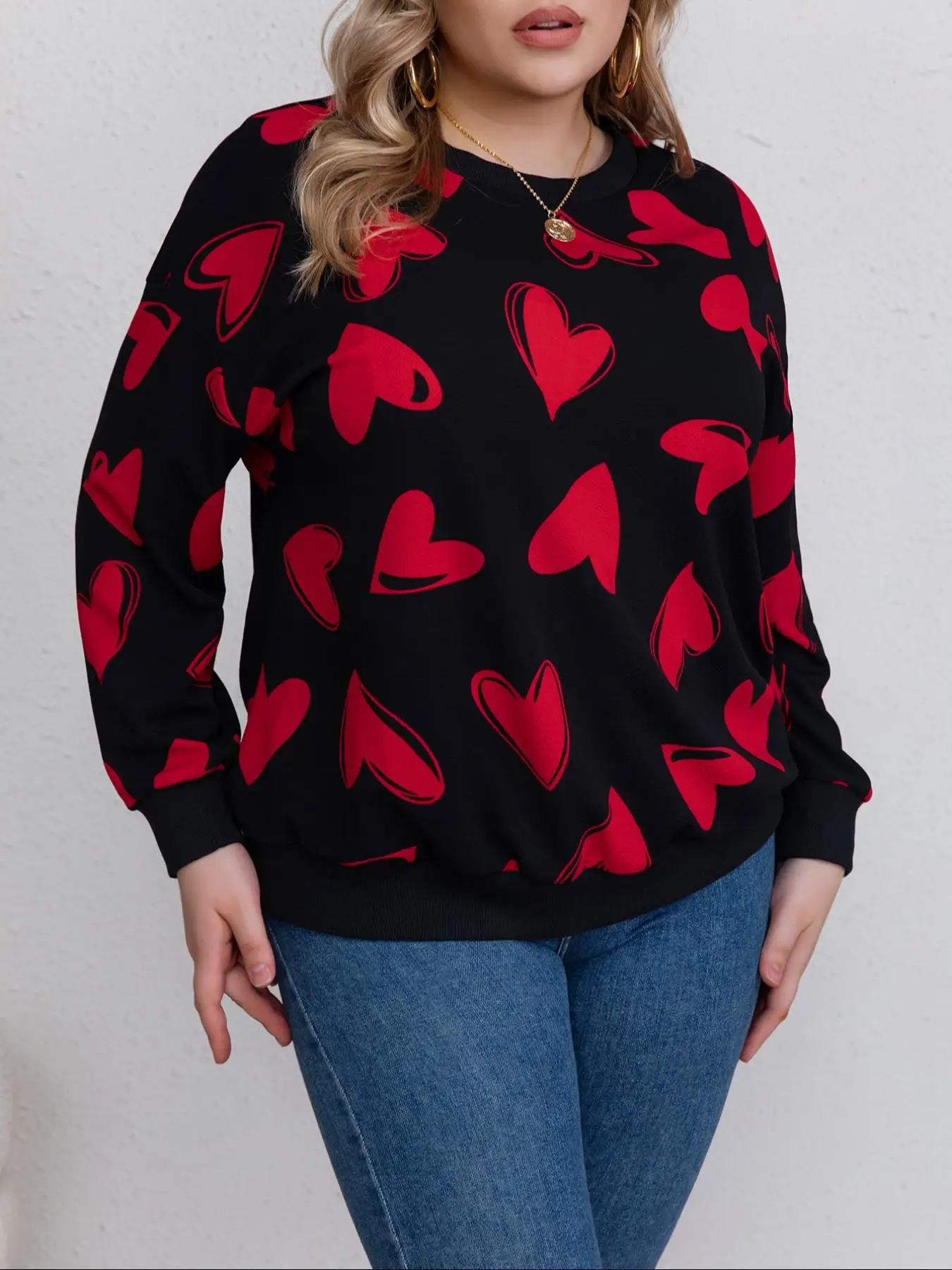 【Plus Size】Valentine's Day Heart Print Round Neck Sweatshirt, Casual Long Sleeve Crew Neck Pullover , Women's Clothing for Daily
【Plus Size】Valentine's Day Heart Print Round Neck Sweatshirt, Casual Long Sleeve Crew Neck Pullover , Women's Clothing for Daily