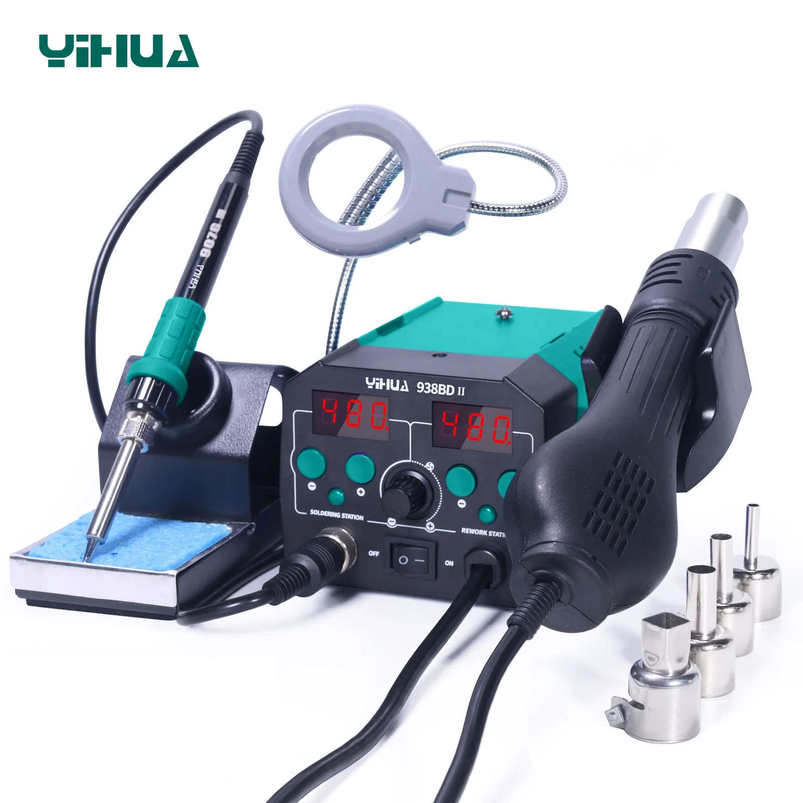 YIHUA 938BD-II 740W Hot Air Gun Rework Station Soldering Iron Solder Station with LED Lamp
YIHUA 938BD-II 740W Hot Air Gun Rework Station Soldering Iron Solder Station with LED Lamp
