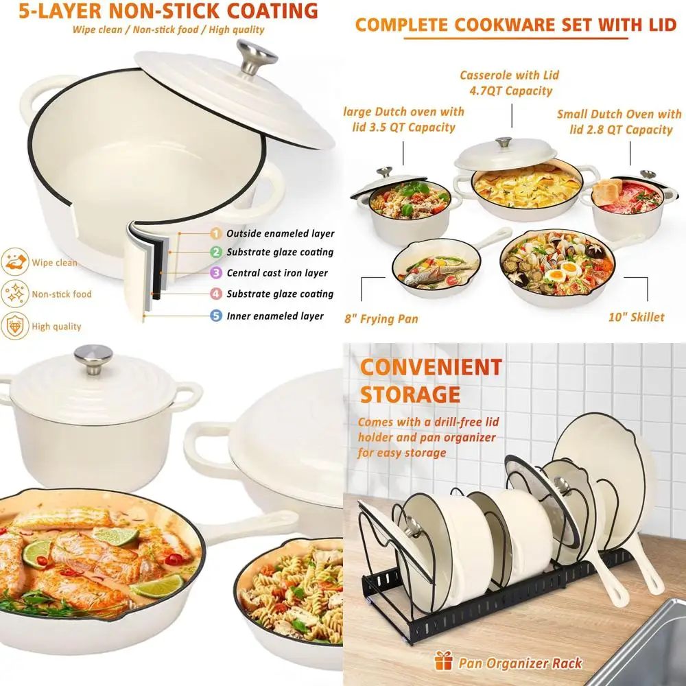 8-Piece Enamel Cast Iron Cookware Set: Casserole, Dutch Ovens, Skillet, 3 Lids, Gas/Induction Safe, PFA-Free
8-Piece Enamel Cast Iron Cookware Set: Casserole, Dutch Ovens, Skillet, 3 Lids, Gas/Induction Safe, PFA-Free