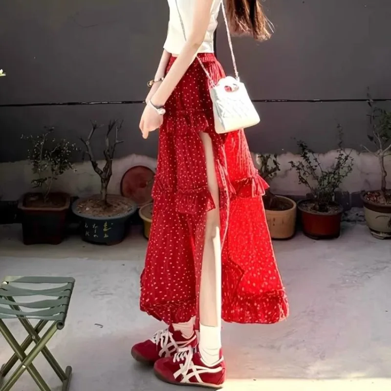 French Elegant Sexy Red Polka Dot Split Skirt Women's Summer High Waist A-line Cake Long Skirt Female Fashion Streetwear Skirt
French Elegant Sexy Red Polka Dot Split Skirt Women's Summer High Waist A-line Cake Long Skirt Female Fashion Streetwear Skirt