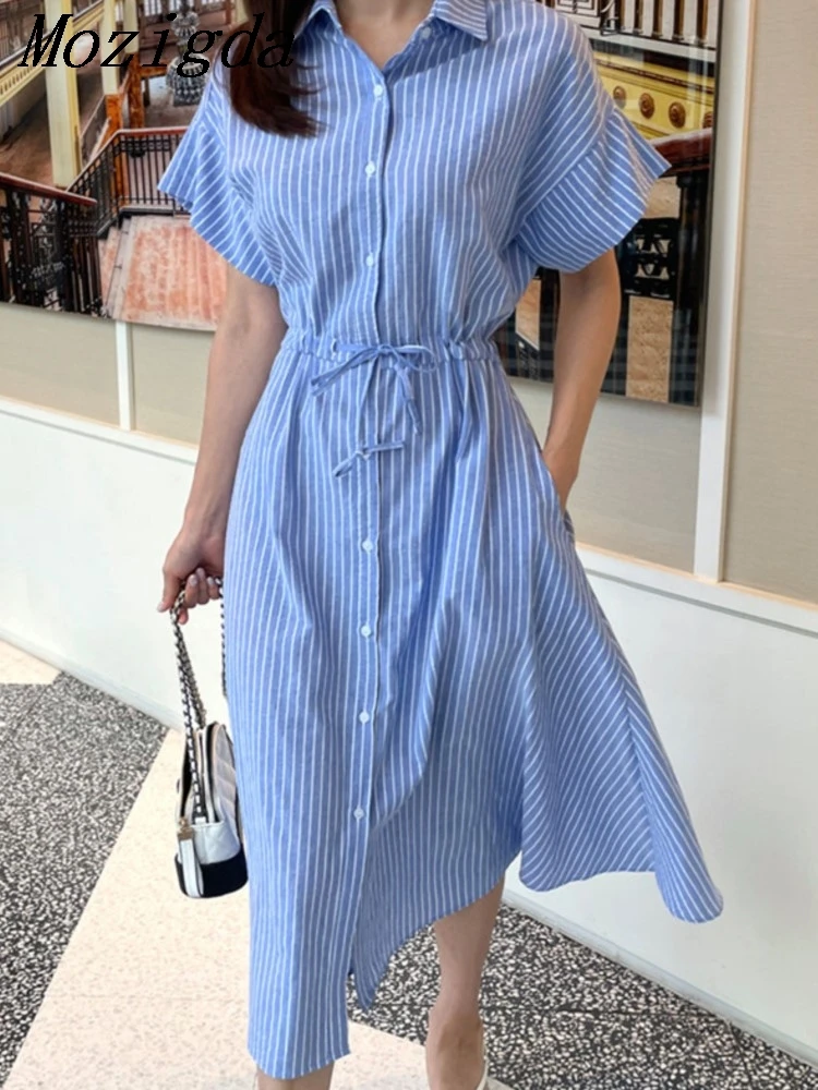 Summer Striped Long Shirt Dress Women Korean Lace Up Polo Neck Short Sleeve Waist Drawstring Cotton Big Hem Ladies Dresses
Summer Striped Long Shirt Dress Women Korean Lace Up Polo Neck Short Sleeve Waist Drawstring Cotton Big Hem Ladies Dresses