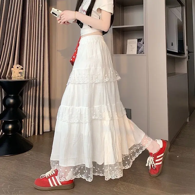 White High Waist Lace Splice Half Skirt Flared A-Line Style Sweet Cake Hemline Slimming Trim Long Skirts for Women
White High Waist Lace Splice Half Skirt Flared A-Line Style Sweet Cake Hemline Slimming Trim Long Skirts for Women