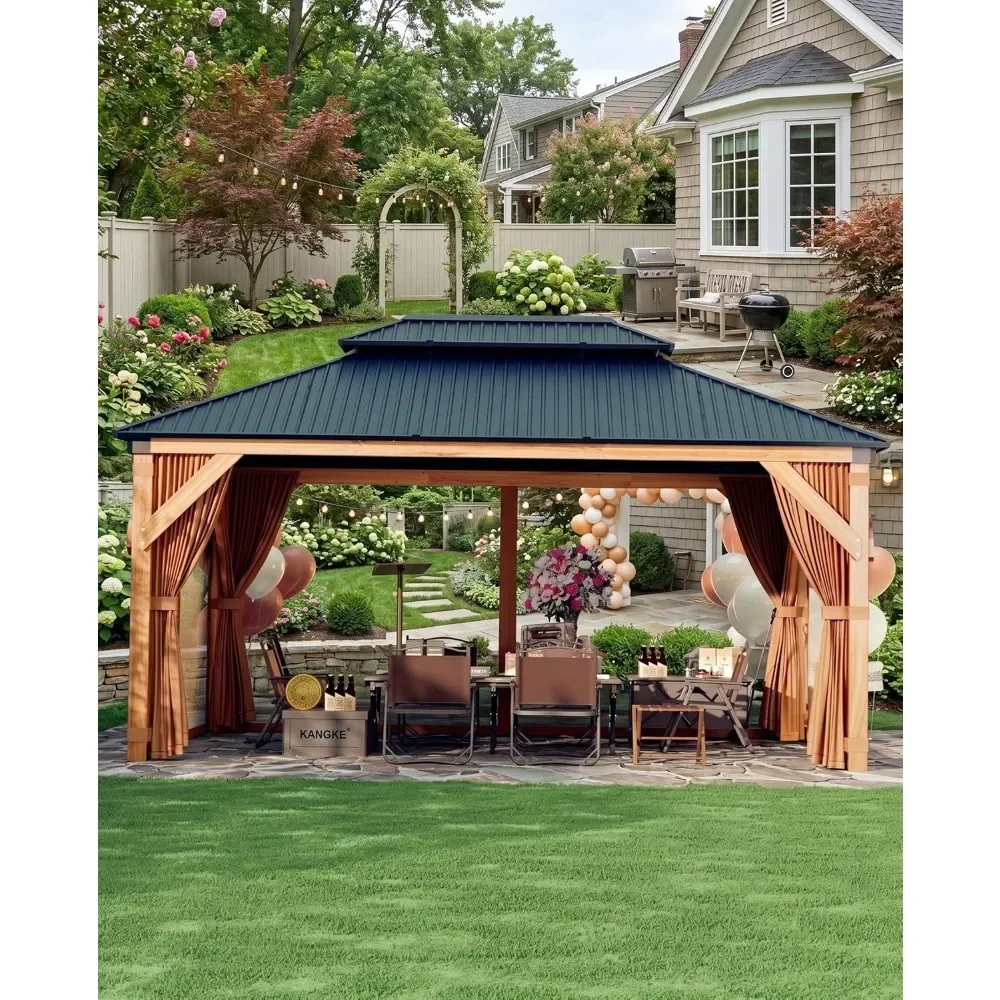 10'x12' Hardtop Wood Gazebo, Cedar Frame Outdoor Pavilion with Double Galvanized Steel Roof, Curtains and Netting, Custom
10'x12' Hardtop Wood Gazebo, Cedar Frame Outdoor Pavilion with Double Galvanized Steel Roof, Curtains and Netting, Custom