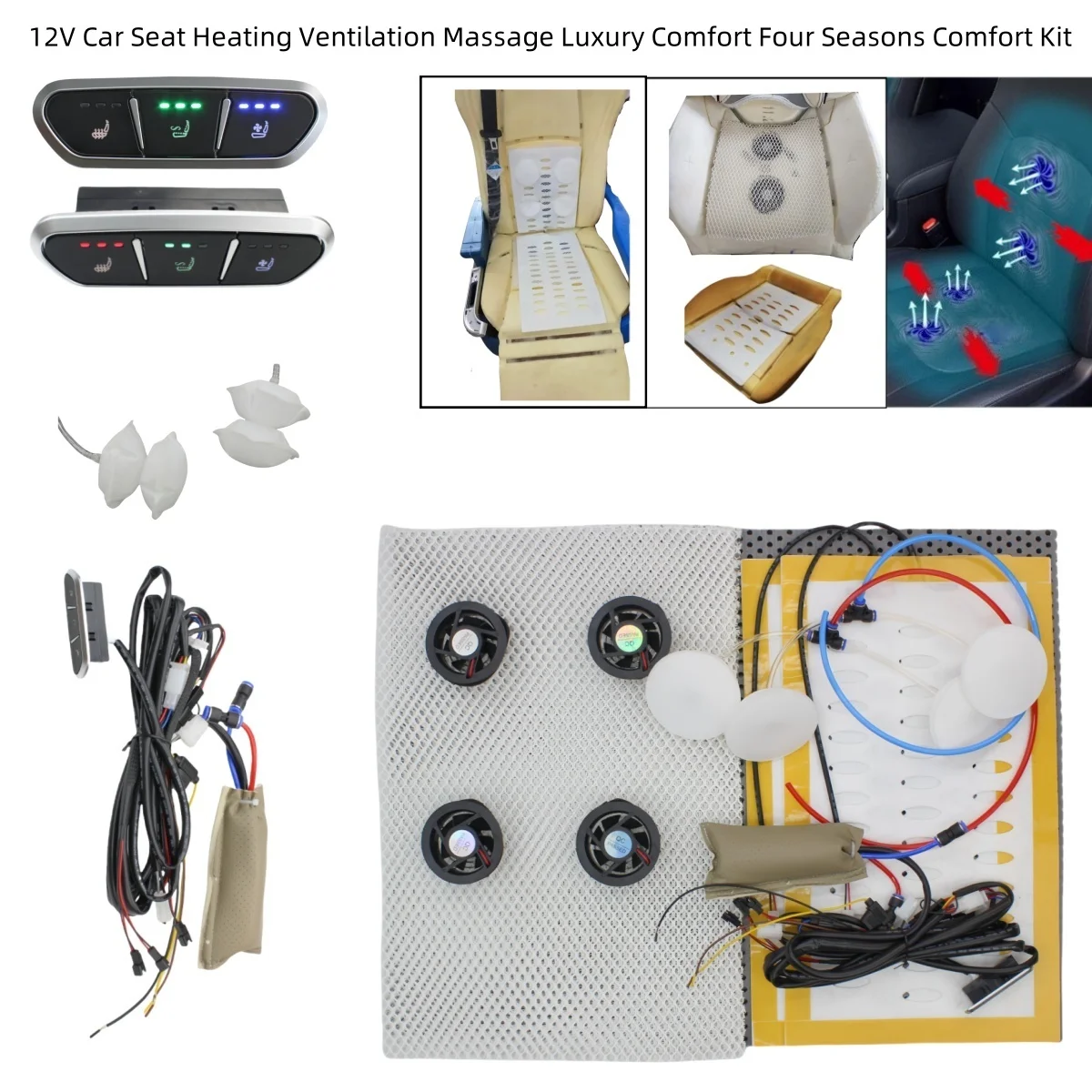12V car seat ventilation kit combine heated and massager 4 air flow Fan cool + 2 heating pad + 4 airpneumatic massage system
12V car seat ventilation kit combine heated and massager 4 air flow Fan cool + 2 heating pad + 4 airpneumatic massage system