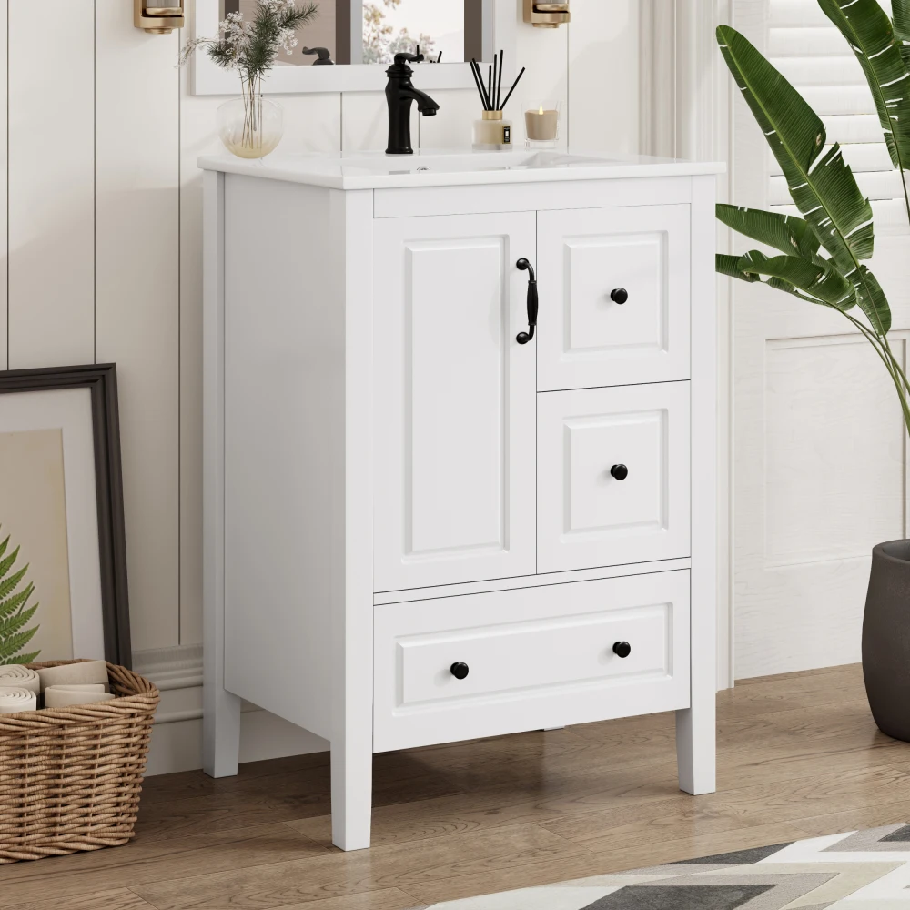 24 inch Bathroom Vanity with Sink, One Cabinet with Soft-closing Door, 3 Soft-closing Drawers, Retro Metal Handles, White
24 inch Bathroom Vanity with Sink, One Cabinet with Soft-closing Door, 3 Soft-closing Drawers, Retro Metal Handles, White