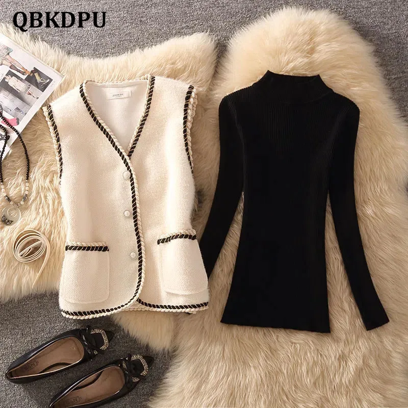 Vintage V Neck Cropped Woolen Vest Suit Elegant 2 Piece Set Women Casual Sleeveless Short Waistcoat And Bottoming Knit Sweater
Vintage V Neck Cropped Woolen Vest Suit Elegant 2 Piece Set Women Casual Sleeveless Short Waistcoat And Bottoming Knit Sweater
