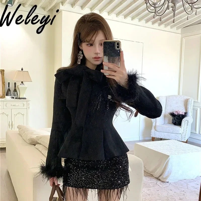 Sequins Clothes 2 Piece Sets Feather Stitching Long Sleeve Wool Black Jacket Spring and Autumn Sequins Skirt Set Female Outfits
Sequins Clothes 2 Piece Sets Feather Stitching Long Sleeve Wool Black Jacket Spring and Autumn Sequins Skirt Set Female Outfits