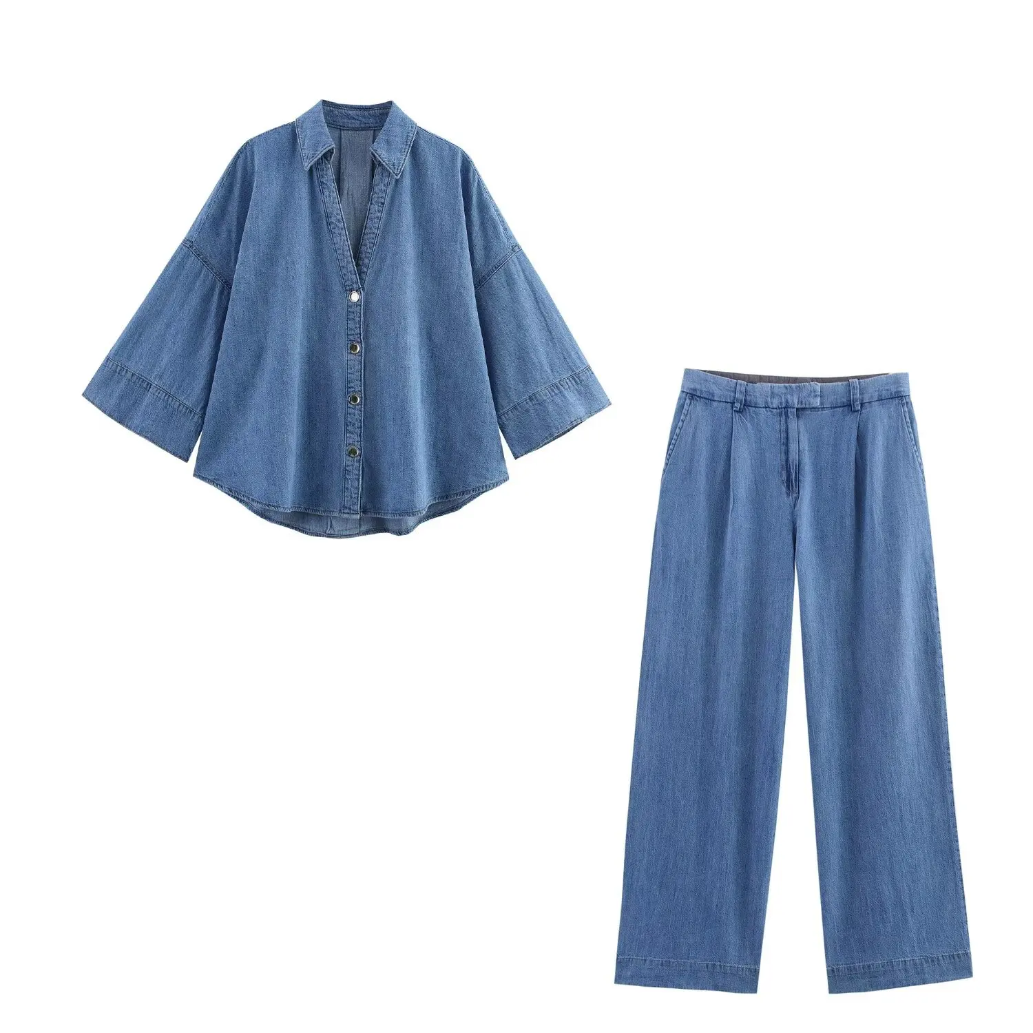 PB&ZA2025 Summer new women's wide sleeved simple casual denim shirt and pants set
PB&ZA2025 Summer new women's wide sleeved simple casual denim shirt and pants set