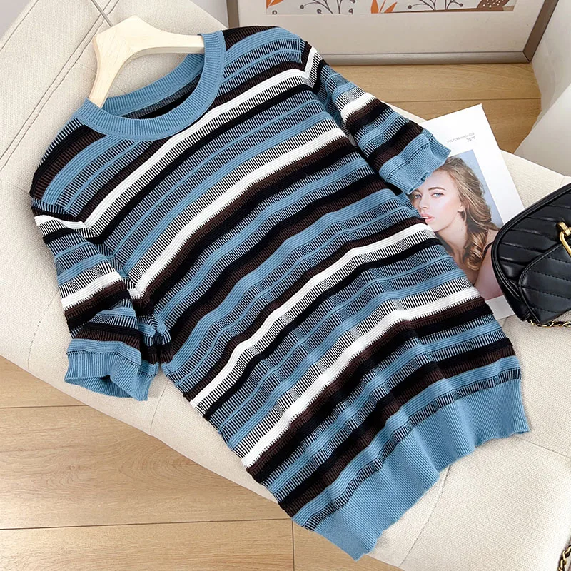 Pure cotton short-sleeved T-shirt ladies sweater, round neck, vertical stripes, casual, slim, 2025 new style
Pure cotton short-sleeved T-shirt ladies sweater, round neck, vertical stripes, casual, slim, 2025 new style