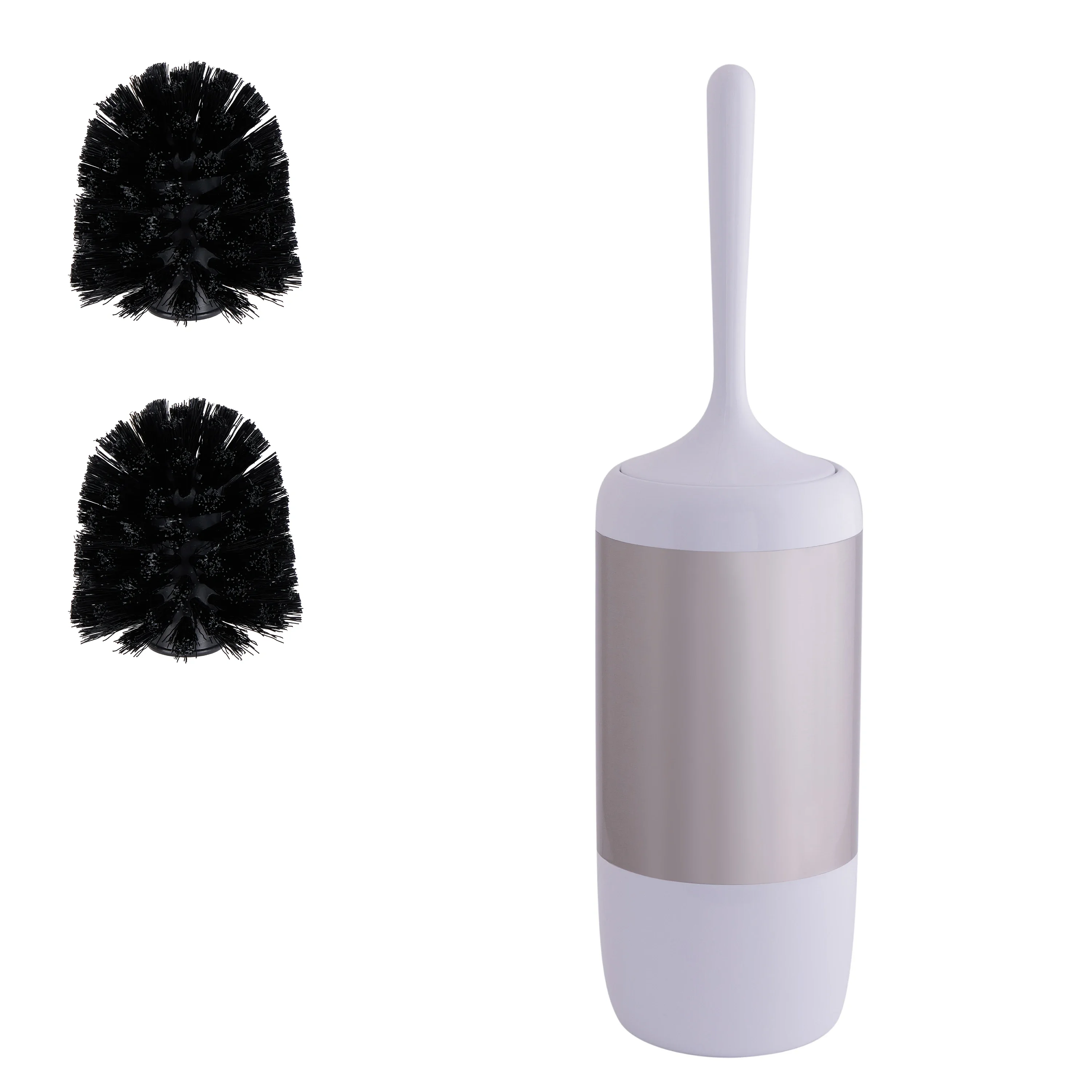 Smooth matte stainless steel toilet brush set with holder and two replacement heads in white
Smooth matte stainless steel toilet brush set with holder and two replacement heads in white