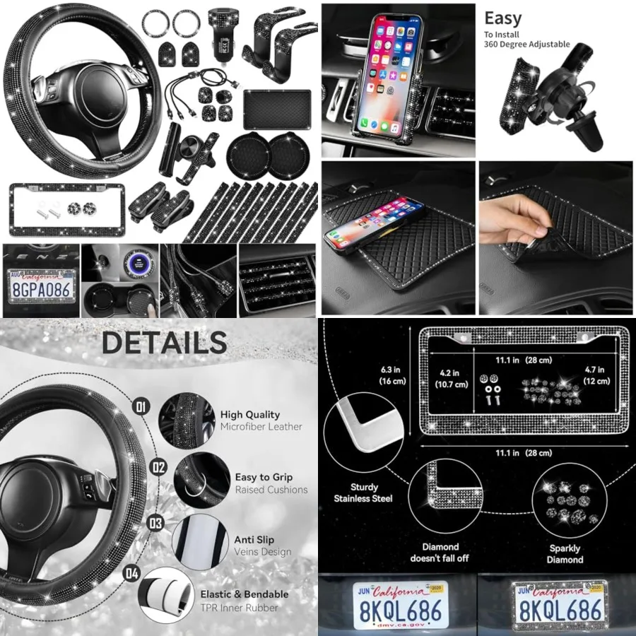 30 PCS Bling Diamond Car Accessories Set for Women, Bling Steering Wheel Covers 15 Inch, Shining Rhinestone License Plate Frame, Sparkly Phone Holder, Cute Interior Set Decorations, Black
30 PCS Bling Diamond Car Accessories Set for Women, Bling Steering Wheel Covers 15 Inch, Shining Rhinestone License Plate Frame, Sparkly Phone Holder, Cute Interior Set Decorations, Black