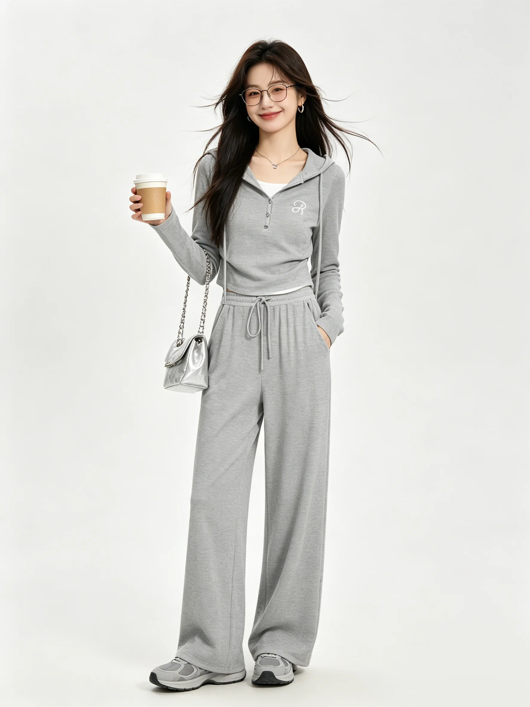 Chic Light Grey Casual Knitted Set High Waist Drapey Pants Short Hoodie Two-Piece Ensemble Early Spring Fashion Women's Outfit
Chic Light Grey Casual Knitted Set High Waist Drapey Pants Short Hoodie Two-Piece Ensemble Early Spring Fashion Women's Outfit