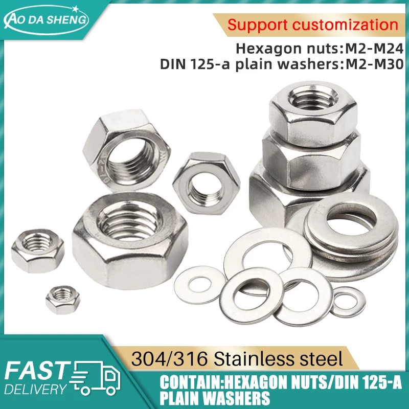 AODASHENG 3/5/10/20/40/50pc M2 M2.5 M3 M4 M5 M6 M8 M10 M12 M14 M16 M18-M24 304 Stainless Steel DIN934 Hex Nut DIN125 Flat Washer
AODASHENG 3/5/10/20/40/50pc M2 M2.5 M3 M4 M5 M6 M8 M10 M12 M14 M16 M18-M24 304 Stainless Steel DIN934 Hex Nut DIN125 Flat Washer