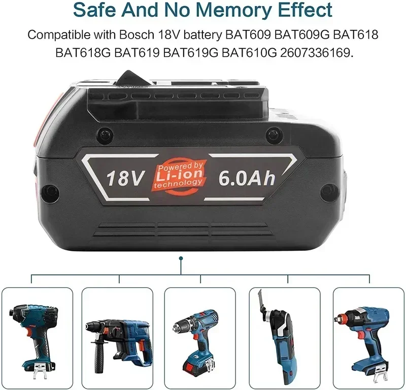 New 18V Battery 6.0Ah for Bosch Electric Drill 18V 6000mAh Rechargeable Li-ion Battery BAT609, BAT609G, BAT618, BAT618G, BAT614
New 18V Battery 6.0Ah for Bosch Electric Drill 18V 6000mAh Rechargeable Li-ion Battery BAT609, BAT609G, BAT618, BAT618G, BAT614