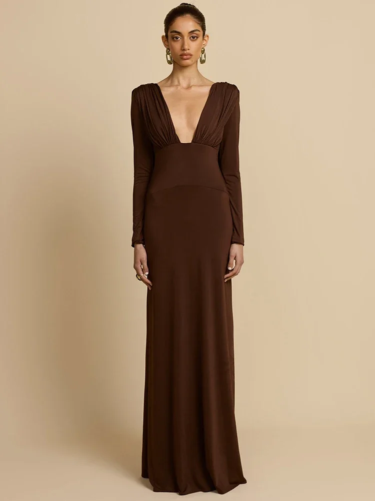 Elegant Deep V Neck Backless Sexy Maxi Dress For Women Brown Long Sleeve High Waist Ruched Club Party Long Dresses 
Elegant Deep V Neck Backless Sexy Maxi Dress For Women Brown Long Sleeve High Waist Ruched Club Party Long Dresses