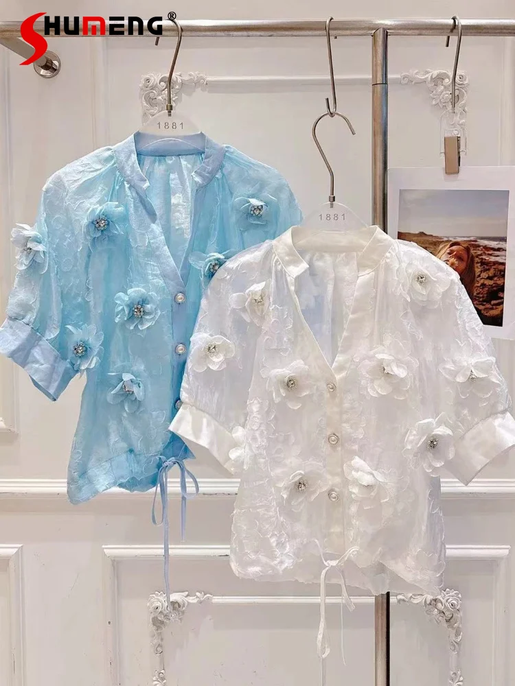 Women's 2026 Summer Light Luxury Temperament Short-sleeve Tops Diamond-encrusted Three-dimensional Flower Shirts V-neck Shirts
Women's 2026 Summer Light Luxury Temperament Short-sleeve Tops Diamond-encrusted Three-dimensional Flower Shirts V-neck Shirts