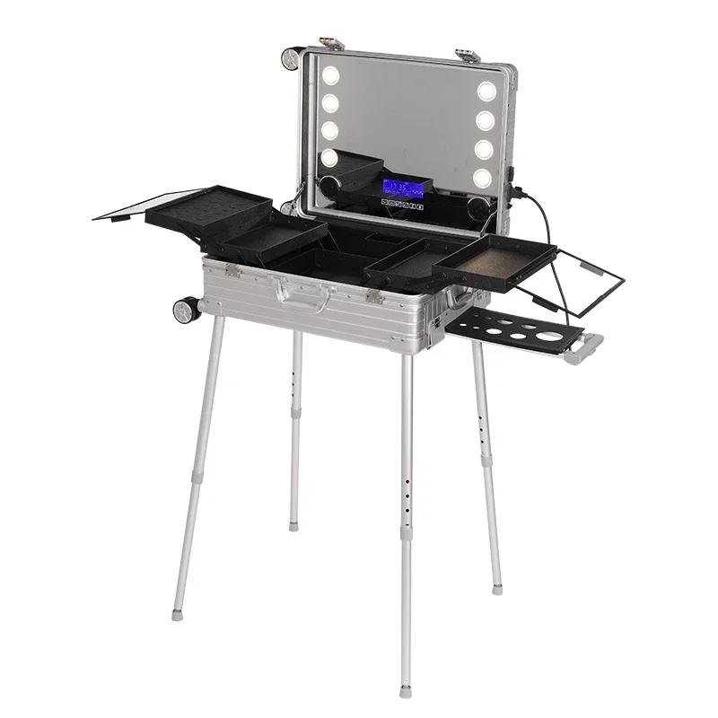 Aluminum alloy frame trolley cosmetic case, large mirror with lamp, large capacity with bracket, follow-up portable toolbox
Aluminum alloy frame trolley cosmetic case, large mirror with lamp, large capacity with bracket, follow-up portable toolbox