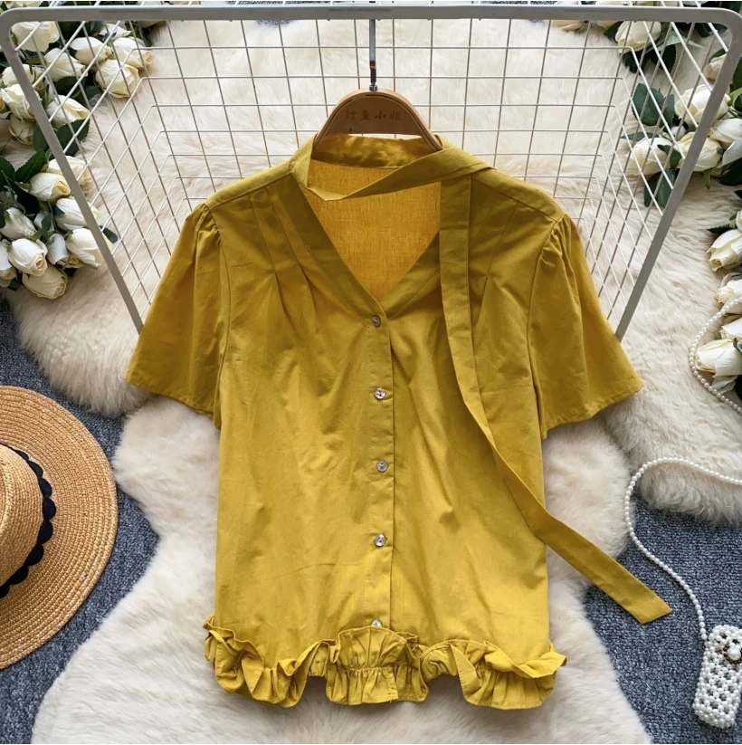 Korean Style V-neck Short-sleeved Breathable Shirt for Women Summer Commuting Style Ruffled Trim and Tibbon Top
Korean Style V-neck Short-sleeved Breathable Shirt for Women Summer Commuting Style Ruffled Trim and Tibbon Top
