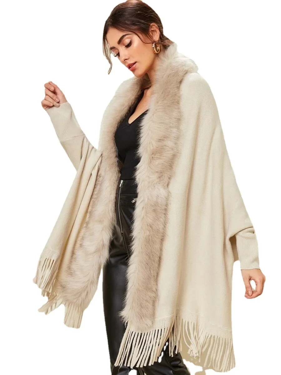 Fur Collar Winter Shawls Knitted Fringe Sweater Ponchos Elegant Batwing Sleeve Long Cardigan Casual Fashion Houndstooth Cloak
Fur Collar Winter Shawls Knitted Fringe Sweater Ponchos Elegant Batwing Sleeve Long Cardigan Casual Fashion Houndstooth Cloak