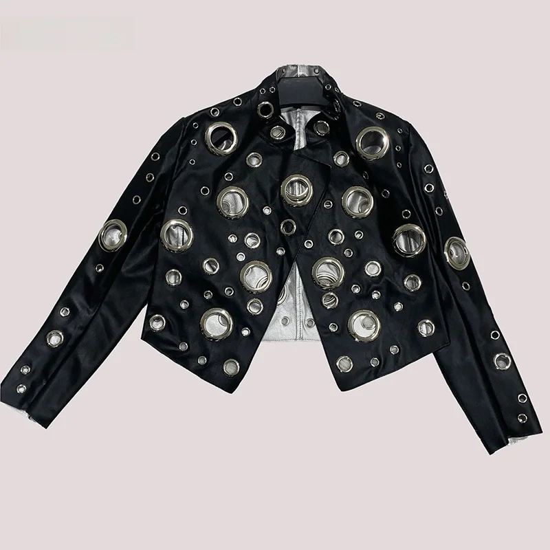 Nerazzurri Short Hollow out PU Leather Jacket Women's Stand Collar Color Block Bicolor Jacket Street Style Summer Coat
Nerazzurri Short Hollow out PU Leather Jacket Women's Stand Collar Color Block Bicolor Jacket Street Style Summer Coat