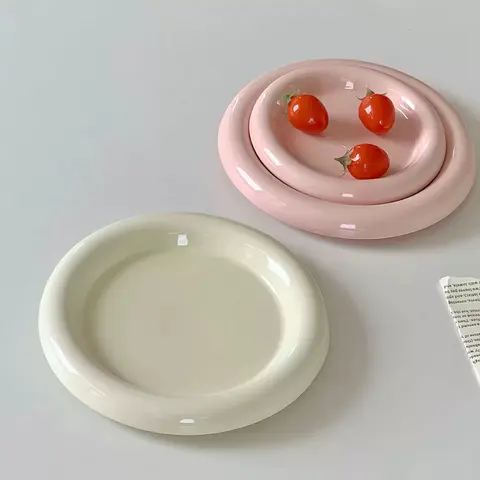 Creative Round Ceramic Plate Korean Style Simple Ins Solid Color Porcelain Tableware Afternoon Tea Cake Dessert Fruit Plates