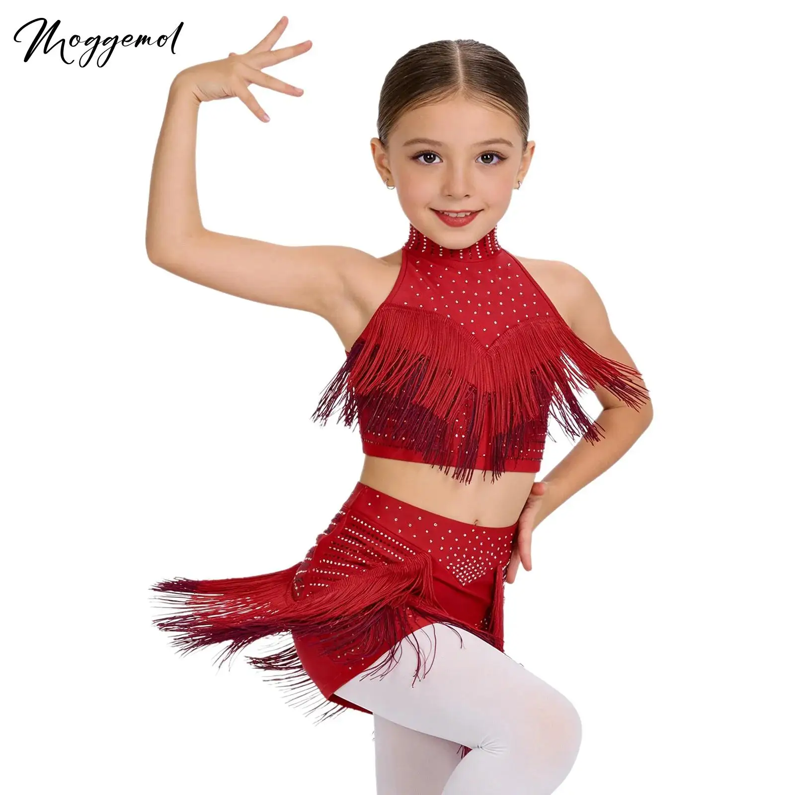 Kids Girl Rhinestone Tassel Latin Dance Outfit Halter Sleeveless Crop Top with Built-in Shorts Skirt for Performance Competition
Kids Girl Rhinestone Tassel Latin Dance Outfit Halter Sleeveless Crop Top with Built-in Shorts Skirt for Performance Competition