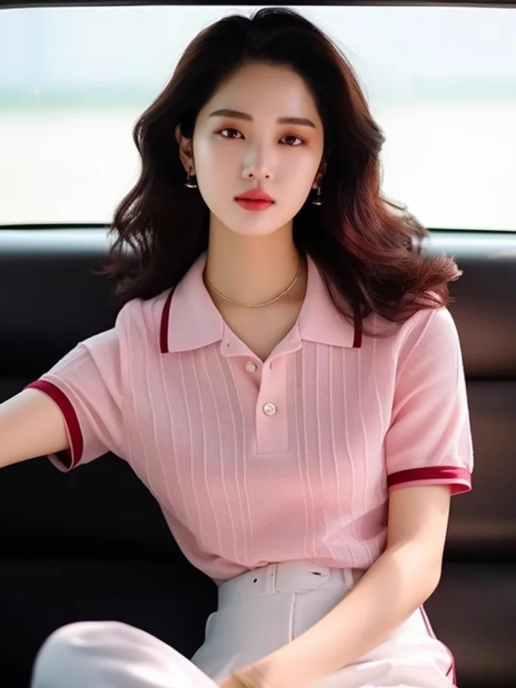 Thin Ice Silk Color Block Short Sleeve T-Shirt European Style Ageless Loose Fit Comfortable Versatile Slimming Collared Top
Thin Ice Silk Color Block Short Sleeve T-Shirt European Style Ageless Loose Fit Comfortable Versatile Slimming Collared Top