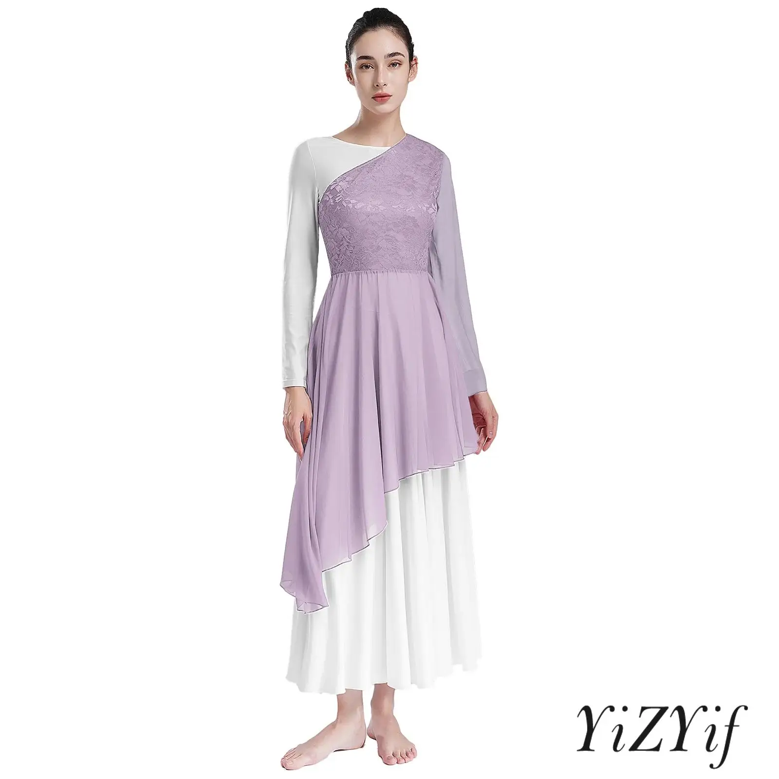 Women's Worship Liturgical Dance Dress Floral Lace Bodice Flowy Chiffon Skirt One Shoulder Flared Sleeve for Dance Competitions
Women's Worship Liturgical Dance Dress Floral Lace Bodice Flowy Chiffon Skirt One Shoulder Flared Sleeve for Dance Competitions