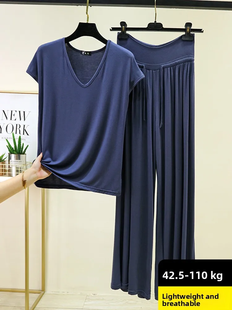 Modal V-Neck Sleeveless T-Shirt Sleepwear Pants Women Loose Wide Leg Home Clothes Set Outdoor Wear Large Size Dance Suit
Modal V-Neck Sleeveless T-Shirt Sleepwear Pants Women Loose Wide Leg Home Clothes Set Outdoor Wear Large Size Dance Suit