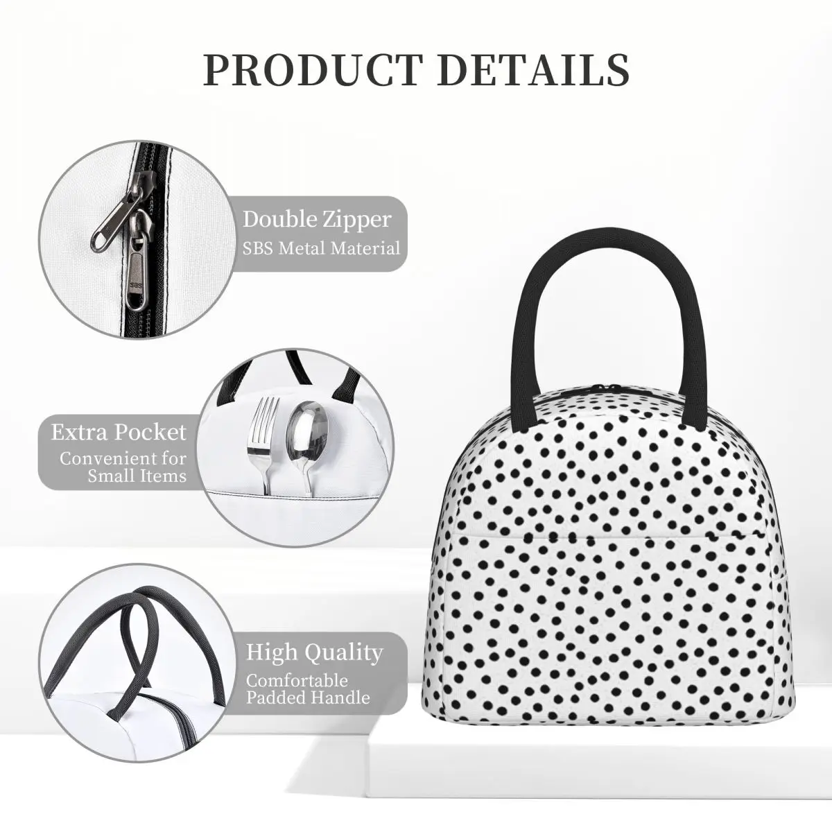 Black And White Polka Do Insulated Lunch Bag for Women Office Cooler Thermal Food Box Tote Leakproof Lunch Boxes Container
Black And White Polka Do Insulated Lunch Bag for Women Office Cooler Thermal Food Box Tote Leakproof Lunch Boxes Container
