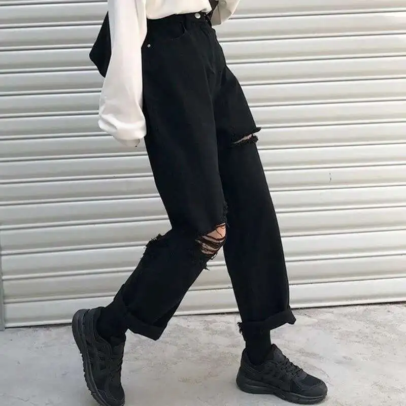 Women Jeans Black Elastic High Waist Denim Pants Streetwear Ripped Hole Straight Wide Leg Trousers With Pockets Woman Clothing
Women Jeans Black Elastic High Waist Denim Pants Streetwear Ripped Hole Straight Wide Leg Trousers With Pockets Woman Clothing
