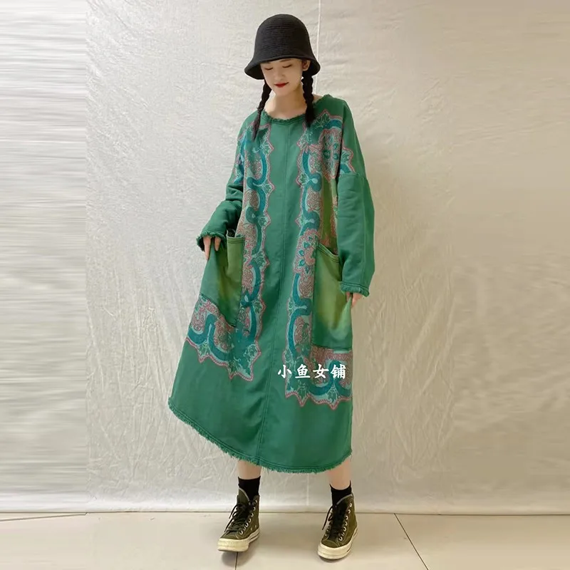Spring Autumn New Arts Style Women Long Sleeve O-neck Loose Dresses 100% Cotton Double Pockets Vintage Print Long Dress P170
Spring Autumn New Arts Style Women Long Sleeve O-neck Loose Dresses 100% Cotton Double Pockets Vintage Print Long Dress P170