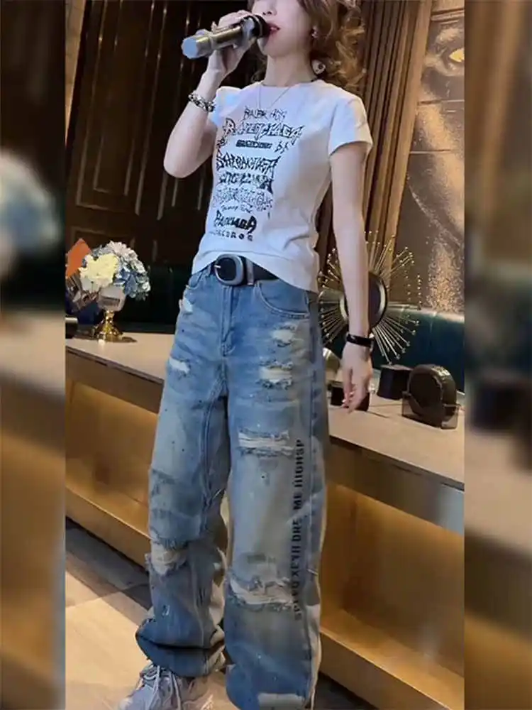 Womens Jeans High Waist Vintage Straight Y2K Summer Denim Pants Streetwear American Style Ripped Wide Leg Baggy Denim Trouser
Womens Jeans High Waist Vintage Straight Y2K Summer Denim Pants Streetwear American Style Ripped Wide Leg Baggy Denim Trouser
